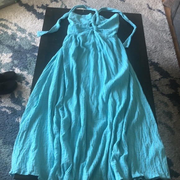 Mara Hoffman Swim Annika Searsucker Halter Tie Cutout Blue Smocked S Dress - Picture 5 of 16